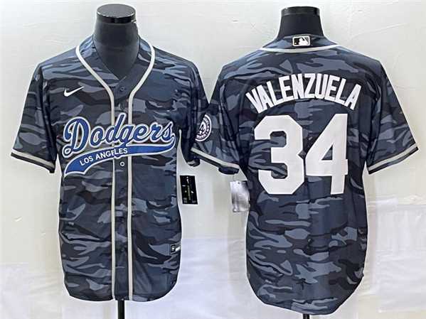 Mens Los Angeles Dodgers #34 Toro Valenzuela Gray Camo Cool Base With Patch Stitched Baseball Jerseys